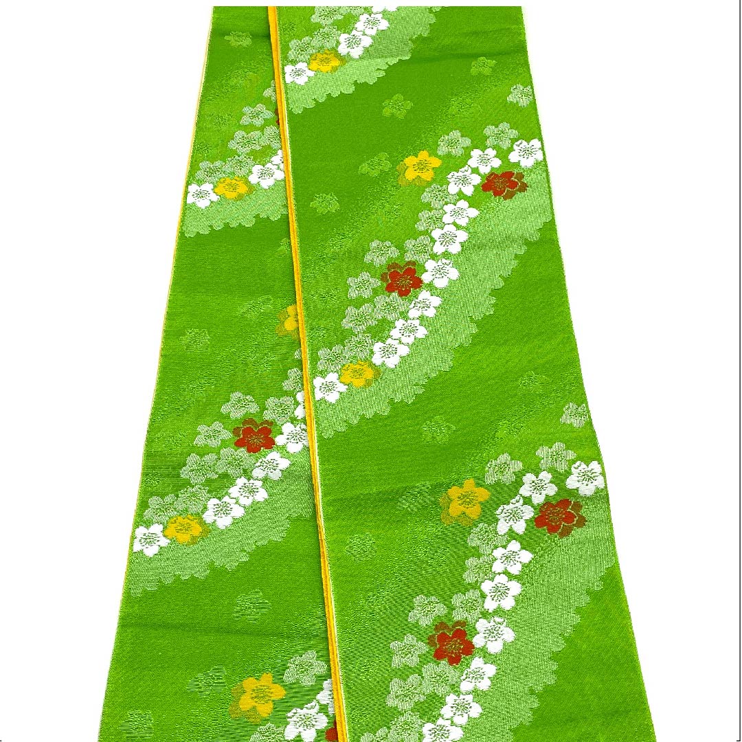 （未仕立）半幅帯 ポリエステル 萌黄色（もえぎいろ） 花柄 小桜 リバーシブル 古典柄 帯丈342cm 緑系 Sランク 1125000922319