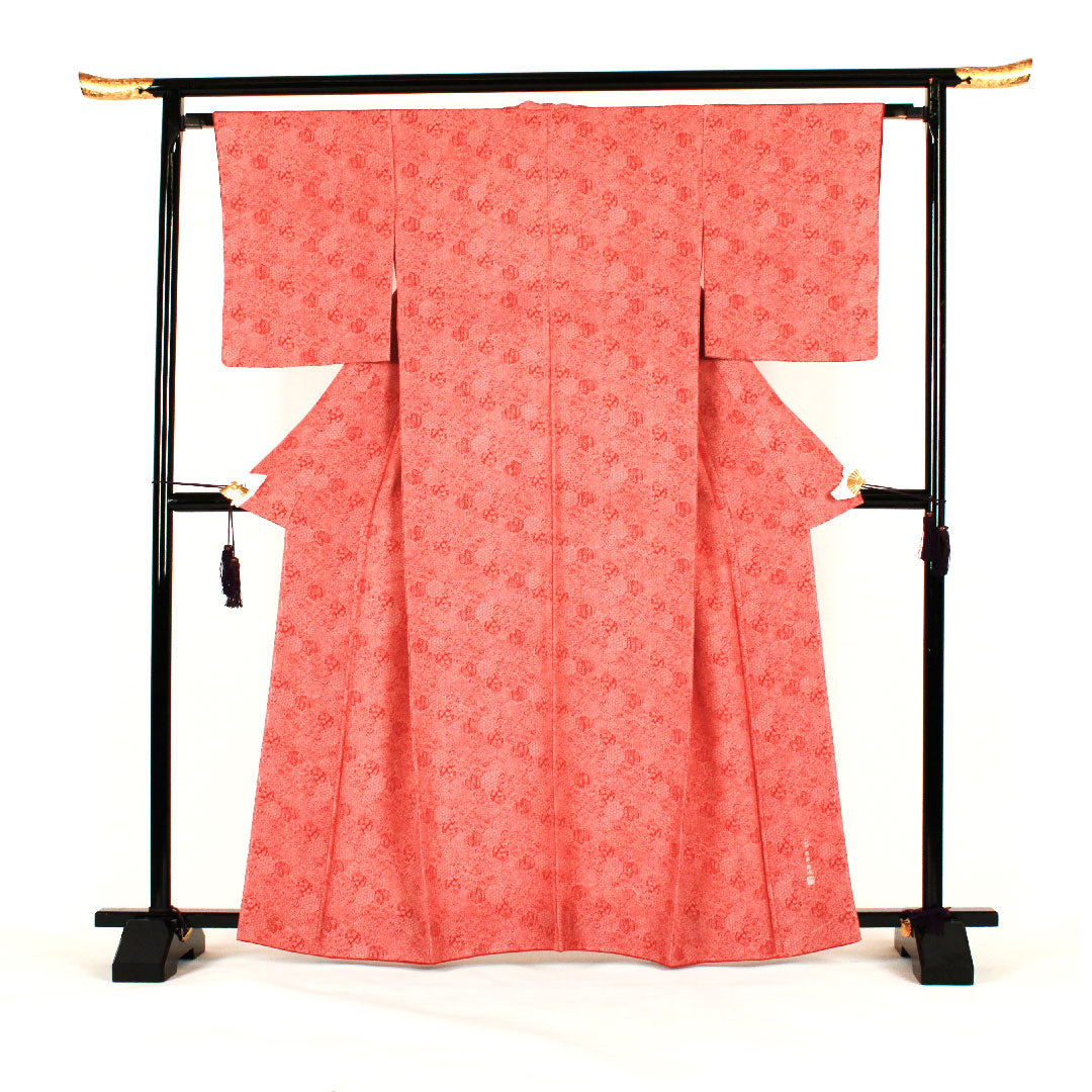 小紋 身丈164cm 裄丈64cm 袷  蝶と孔雀の羽 正絹 Sランク 朱系 1115000572316