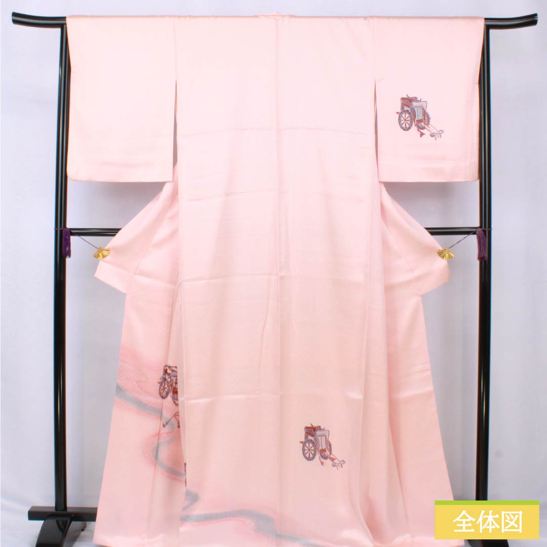 訪問着 正絹 Sランク 袷 身丈166cm 裄丈65cm 曙色（あけぼのいろ） 京友禅 付下げ 御所車 流水 ピンク系 1112006512513