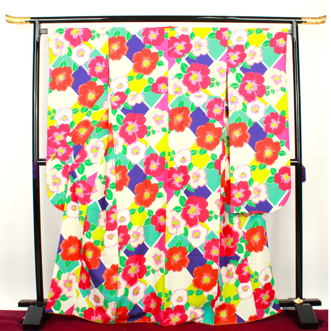 振袖 身丈166cm 裄丈67cm 袷  洗える着物 椿  ポリ Sランク グラデ 1113001122599