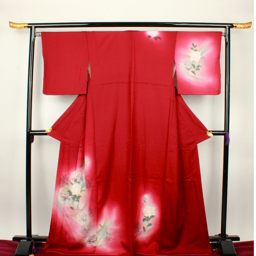 訪問着 袷 身丈170cm 裄丈69cm 葡萄色 手描き友禅 薔薇 正絹 Sランク 紫系 1112001702620