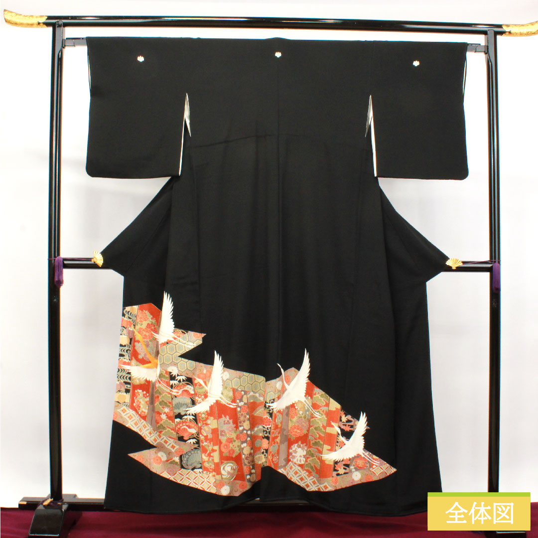 Black formal kimono, pure silk, length 156.5cm, sleeve length 62.5cm, lined, Kyoto Yuzen, crane, auspicious motif, five crests, five-three paulownia, S rank, five crests, black, 1111001182310