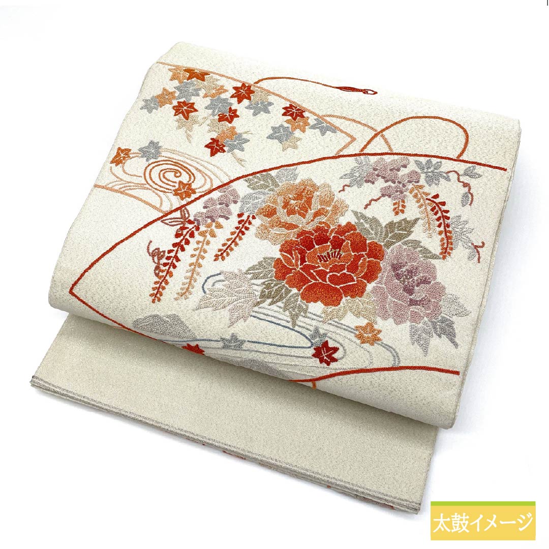 袋帯 正絹 胡粉色（ごふんいろ） 綴れ織 相良刺繍 扇面 牡丹 帯丈448cm Aランク ポイント柄 フォーマル 白系 1123012653311