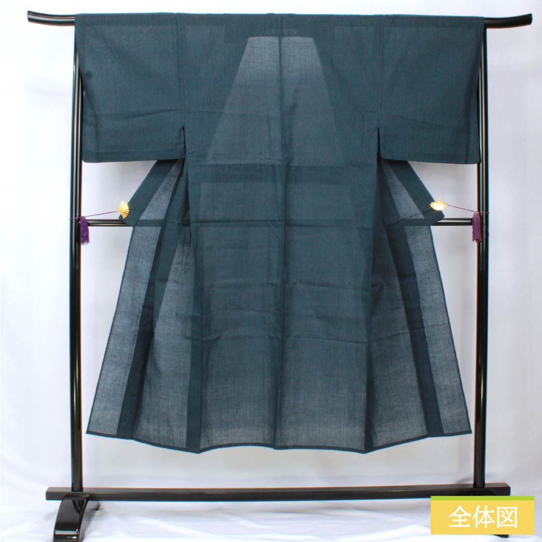 【新品未使用】木綿　藍色の着物　身丈163 広衿　袷 浴衣 美術サロン 藍捺染 変わり七宝 藍 紺 白 知多木綿 綿麻