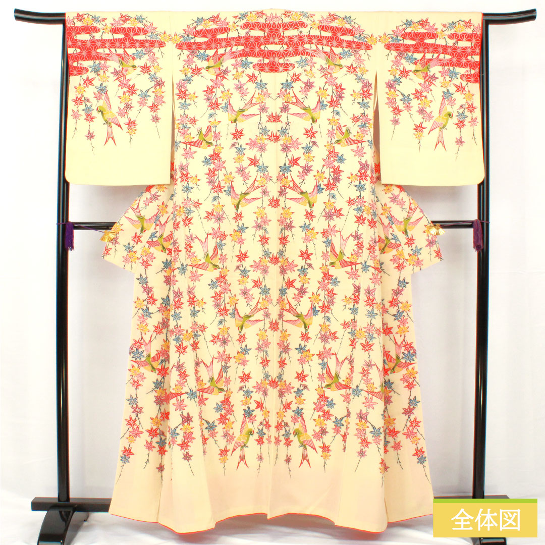 訪問着 正絹 袷 身丈158.5cm 裄丈65cm 密陀僧色（みつだそういろ） 京紅型 紅葉 鳥 Aランク クリーム系 1112005943315