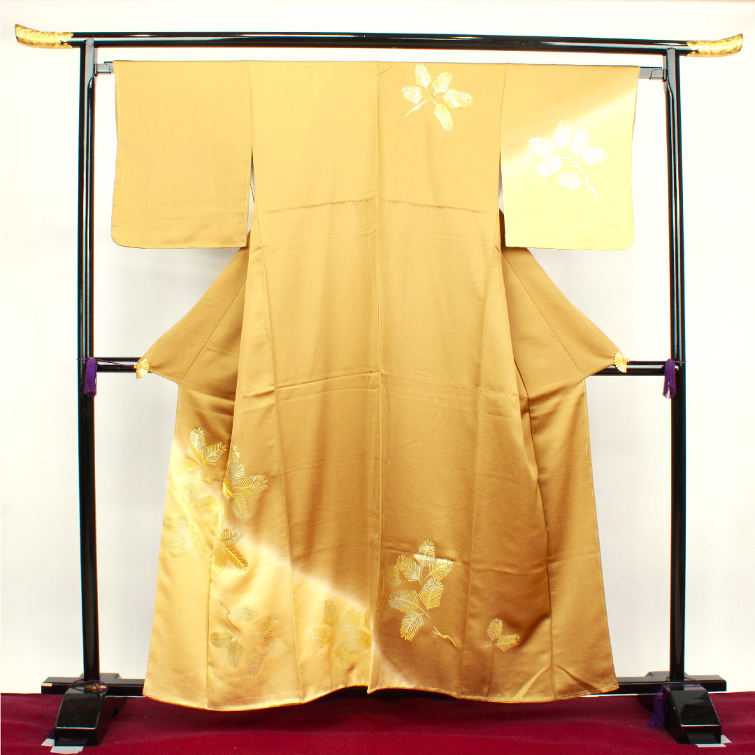 訪問着 袷 身丈158.5cm 裄丈65cm 沈香茶色 金彩加工 松葉 正絹 Sランク 黄系 1112002562323
