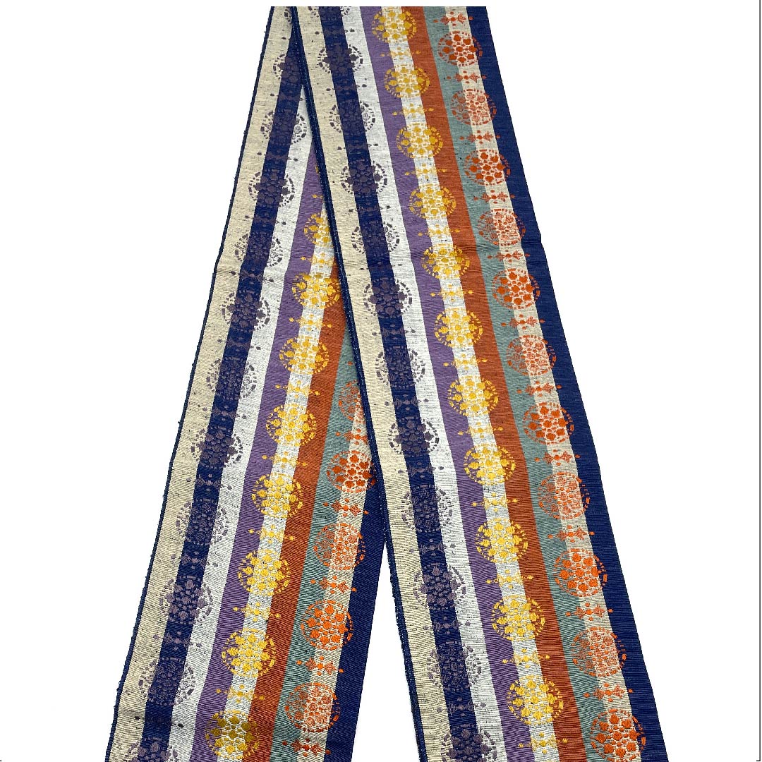 （未仕立）半幅帯 ポリエステル ストライプ 縞 丸に花 花柄 抽象模様 帯丈352cm グラデーション系 Sランク 1125001212399