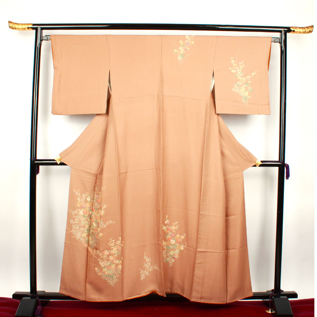 訪問着 袷 身丈159cm 裄丈64cm 柴染色 草花模様 正絹 Sランク 茶系 1112001582314