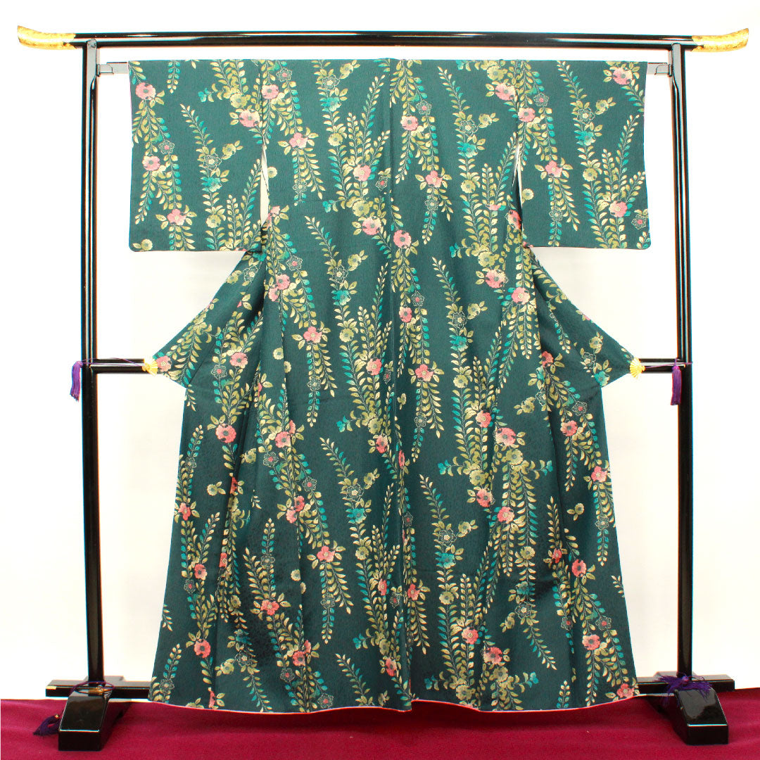 Small pattern, Length 161cm, Sleeve length 64.5cm, Awase, Iron color, Washable kimono, Tsujigahana, Polyester, S rank, Green, 1115002612419