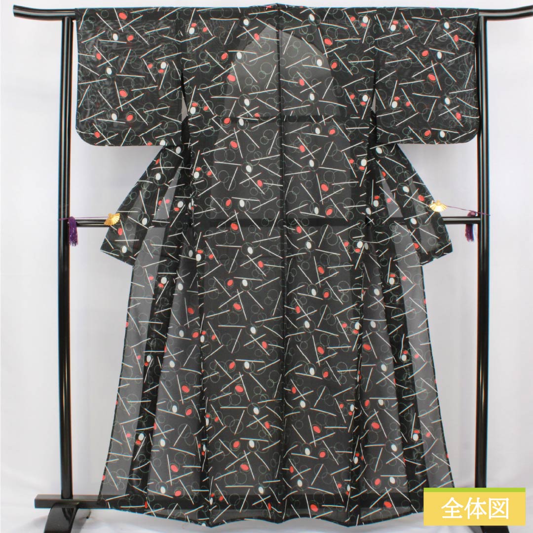 夏物 ポリエステル 小紋 身丈162cm 裄丈64cm シャボン玉 洗える着物 絽 Sランク 黒系 1132002592410