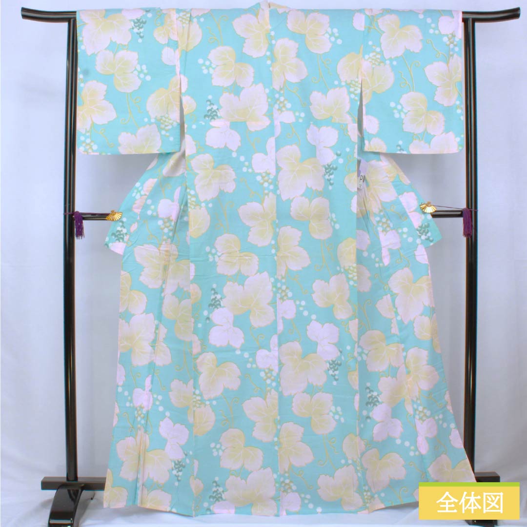 浴衣 木綿 身丈166cm 裄丈64cm Aランク 単衣 水色系 水色（みずいろ） 蒲萄 蔦 1118006503524