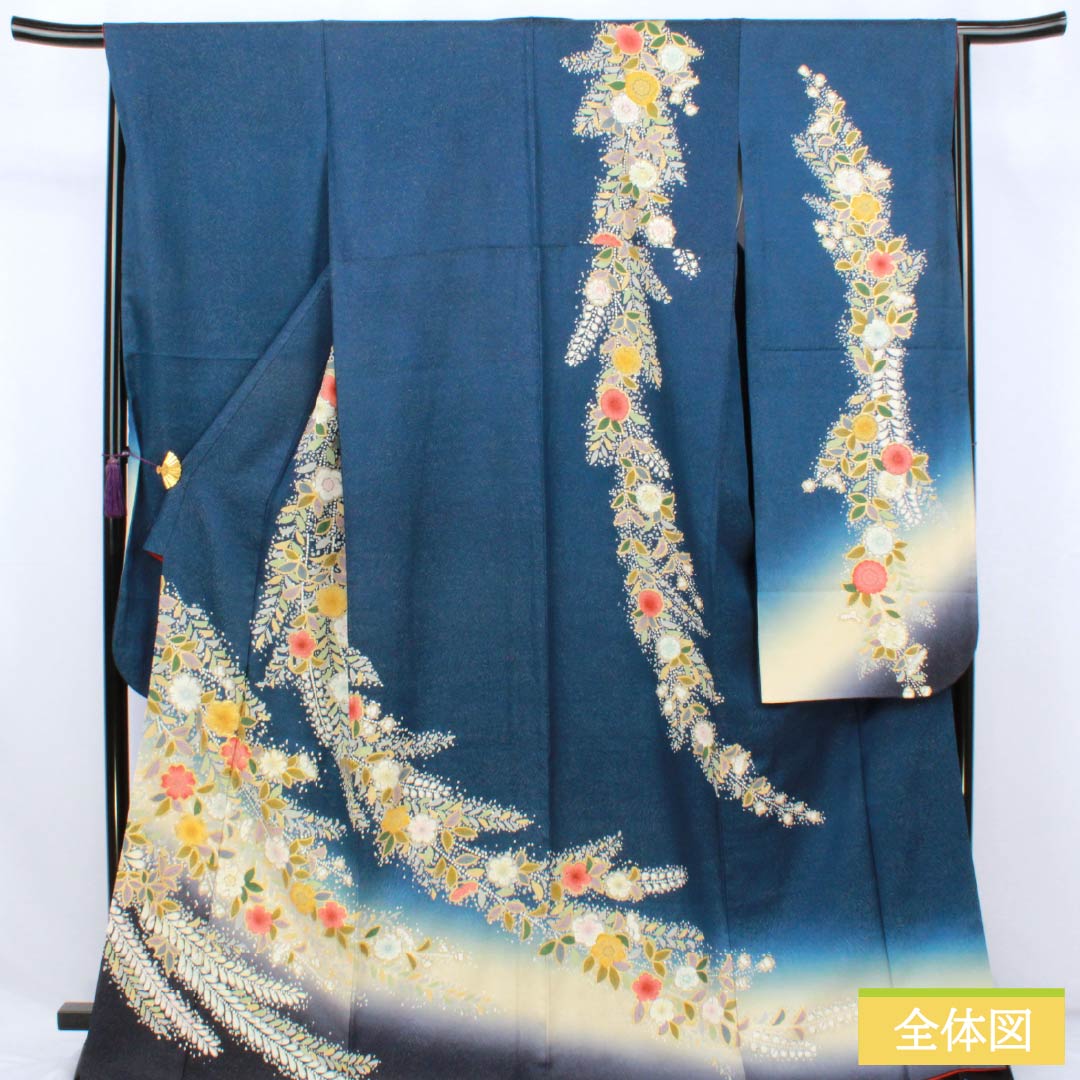 Furisode (long-sleeved kimono) made of pure silk, S rank, length 170cm, sleeve length 67cm, lined, iron grape color, Kyoto Yuzen, gold thread, Tsujigahana pattern, navy blue, product number 1113002762618