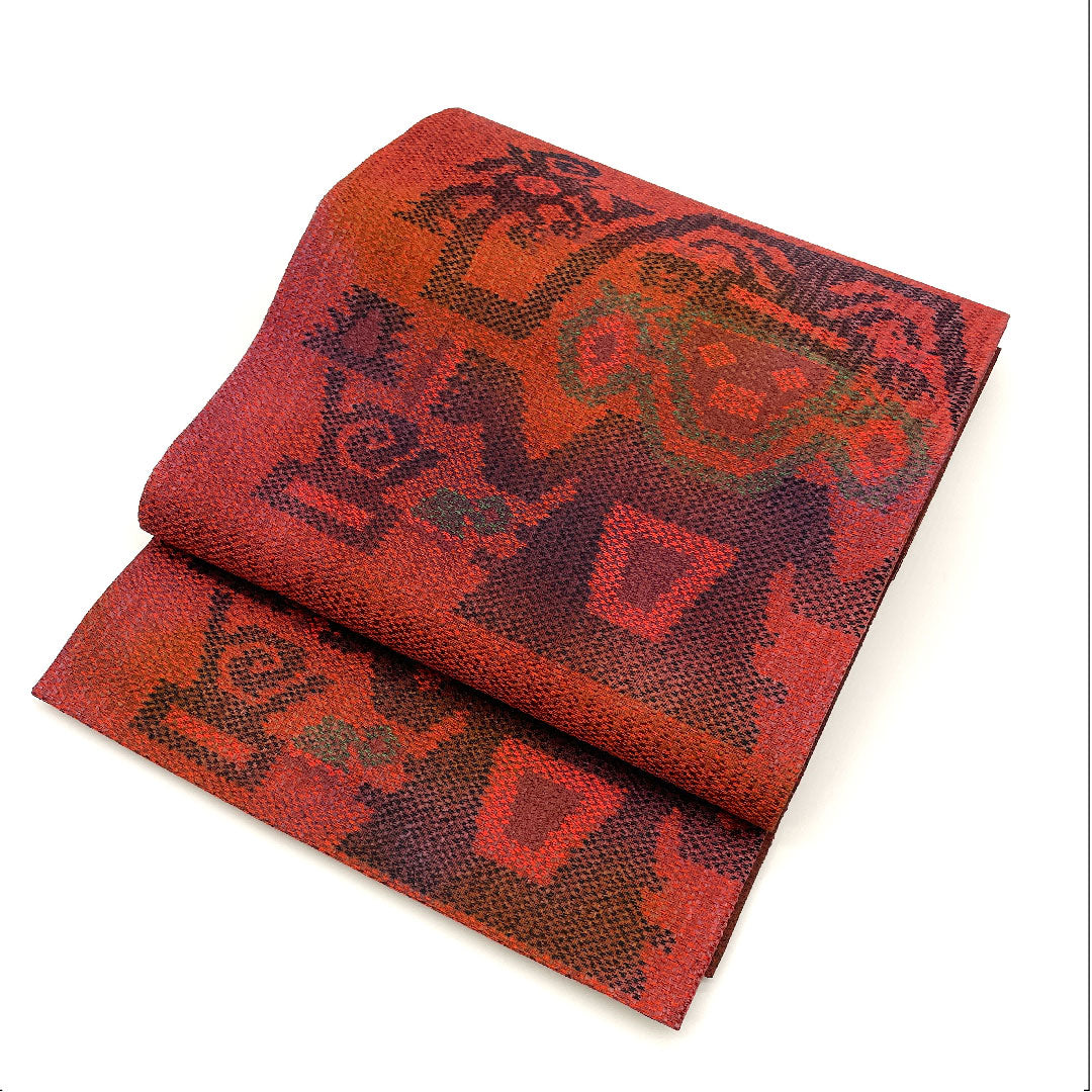 袋帯 エジプト文様 帯丈424cm 正絹 Sランク 六通 カジュアル 赤系 1123002652312