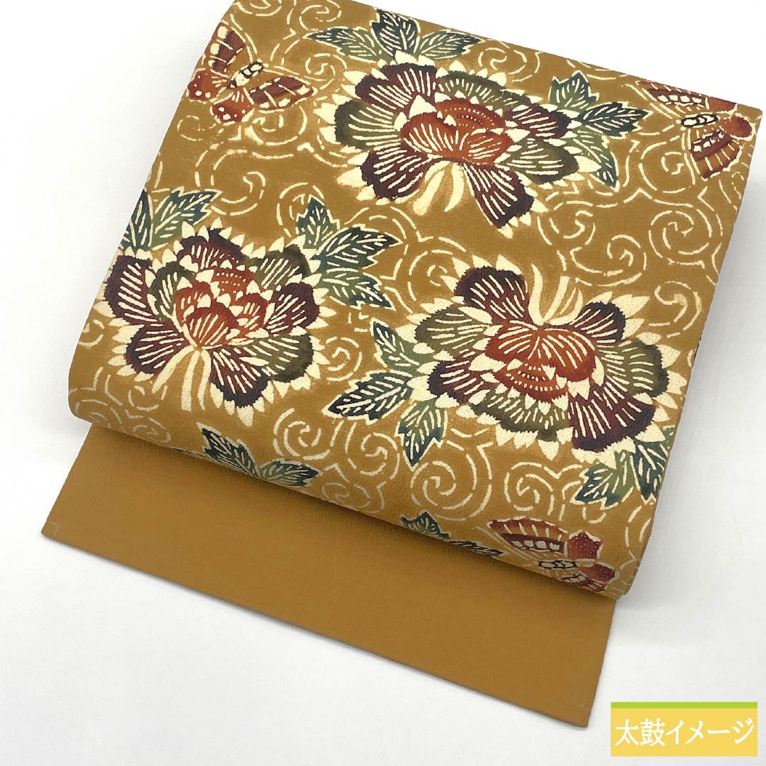 名古屋帯 正絹 Aランク 枇杷茶色（びわちゃいろ） 京紅型 牡丹 蝶 帯丈355cm 六通 カジュアル ベージュ系 1124009273325 名古屋仕立て