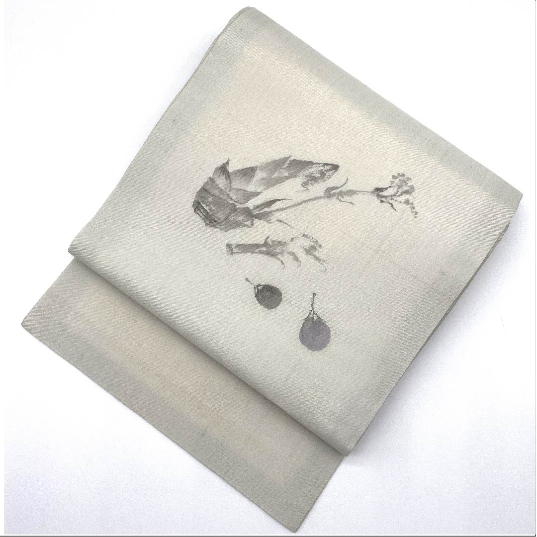 名古屋帯 卯の花色 夏帯 紗 なすび たけのこ 染帯 作家物 西陣織 帯丈375.5cm 正絹 Aランク ポイント柄 カジュアル グレー系 1124003903322  名古屋仕立て