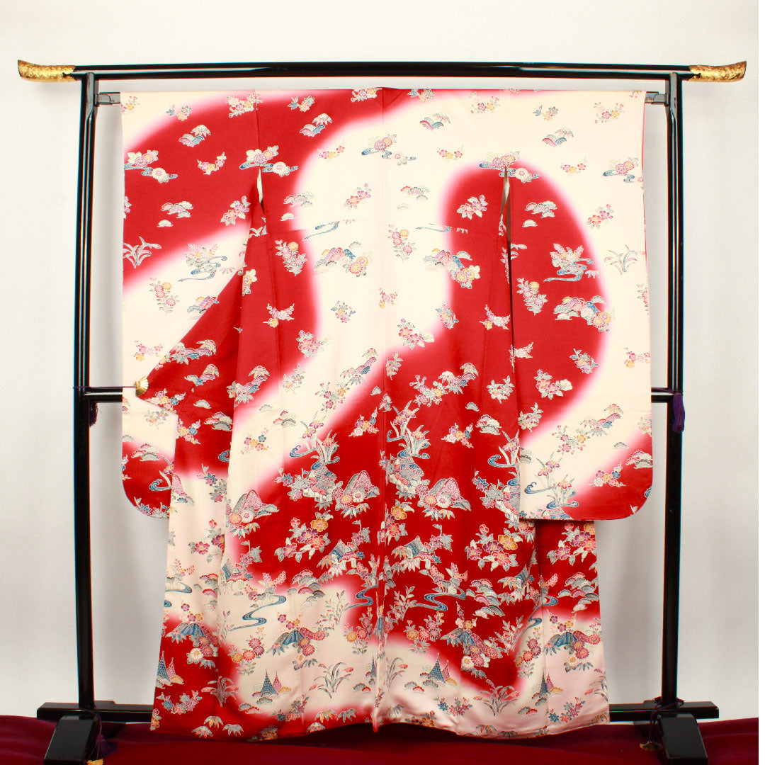 振袖 身丈161.5cm 裄丈64cm 袷  葡萄茶色 薄桜色 型染 茶屋辻 松竹梅  正絹 Aランク 赤系 1113000913412