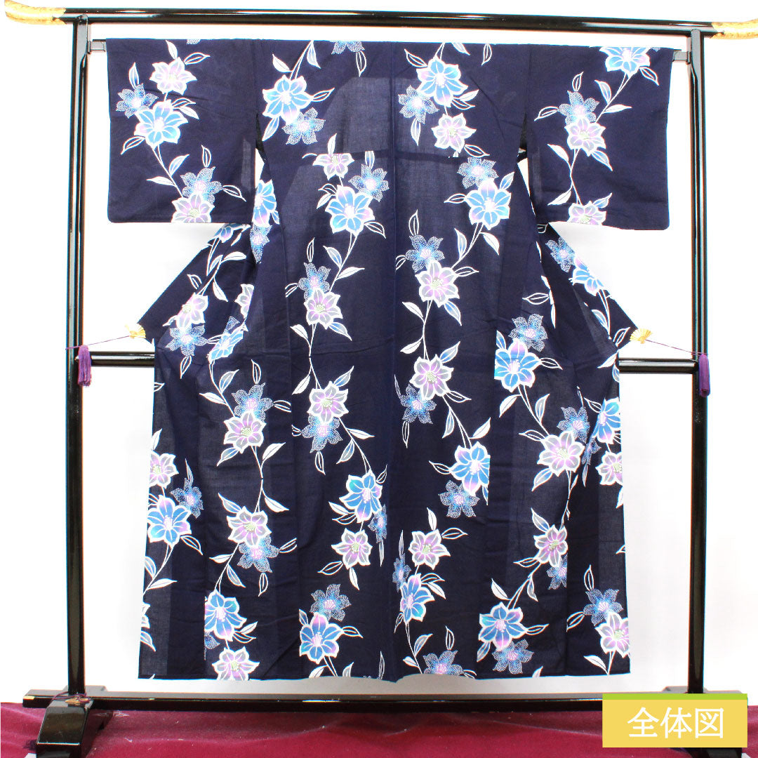 浴衣 木綿 身丈153.5cm 裄丈67.5cm Sランク 単衣 紺系 濃紺色（のうこんいろ） 山茶花 1118004802218
