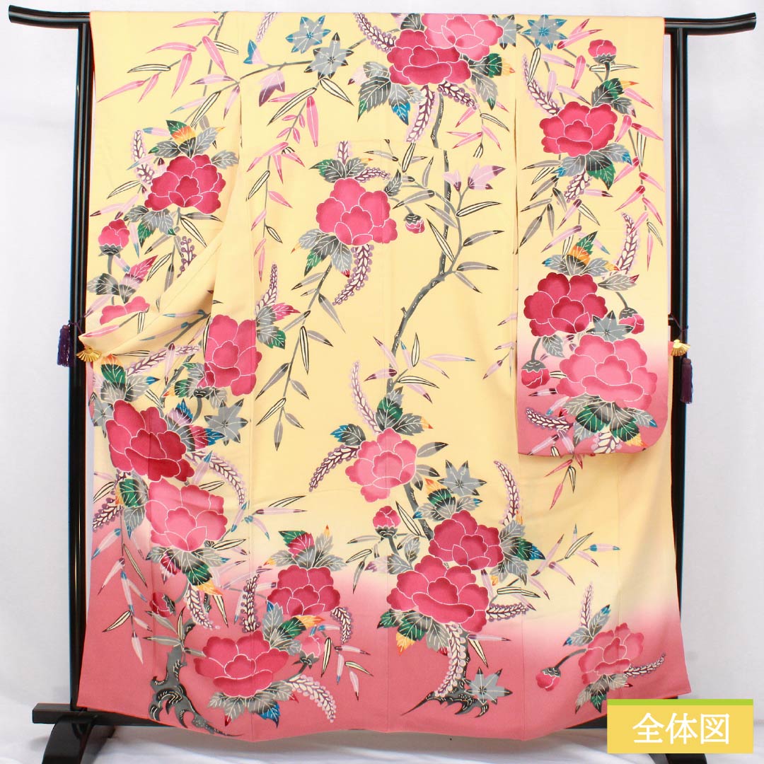 振袖 正絹 Aランク 身丈161cm 裄丈62.5cm 袷 薄柑子色（うすこうじいろ） 京紅型 牡丹 藤 ちりめん地 橙系 1113002403426