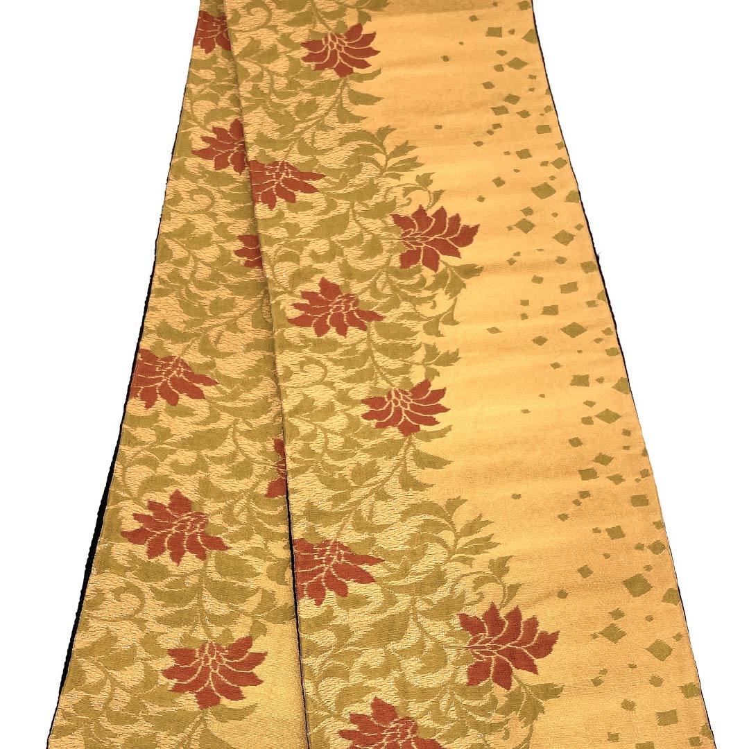 （未仕立）半幅帯 ポリエステル 雄黄色（ゆうおういろ） 唐草 帯丈436cm 橙系 Sランク 1125001812426