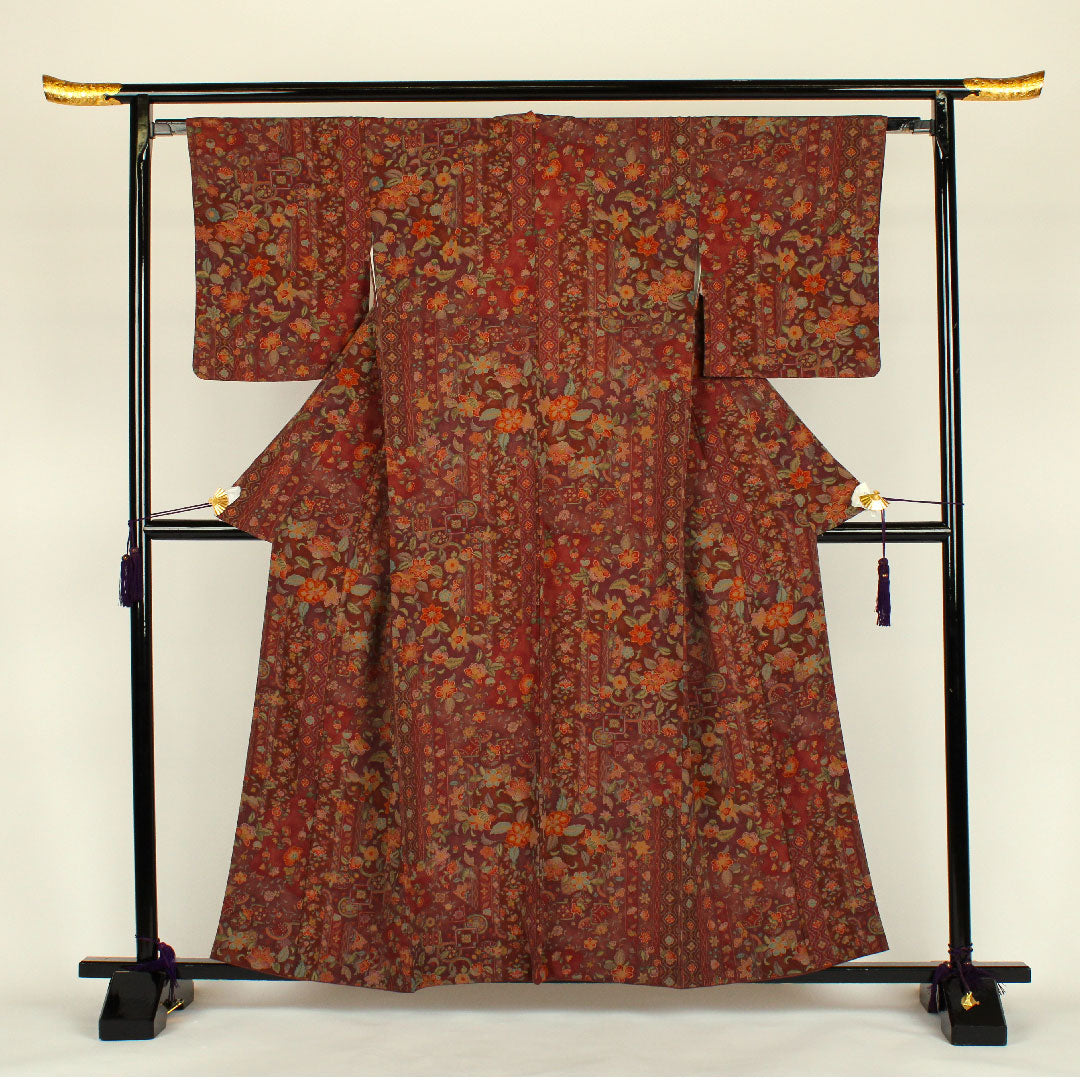 小紋 身丈160cm 裄丈64cm 袷  洗える着物 更紗柄 ポリ Aランク 茶系 1115000223314