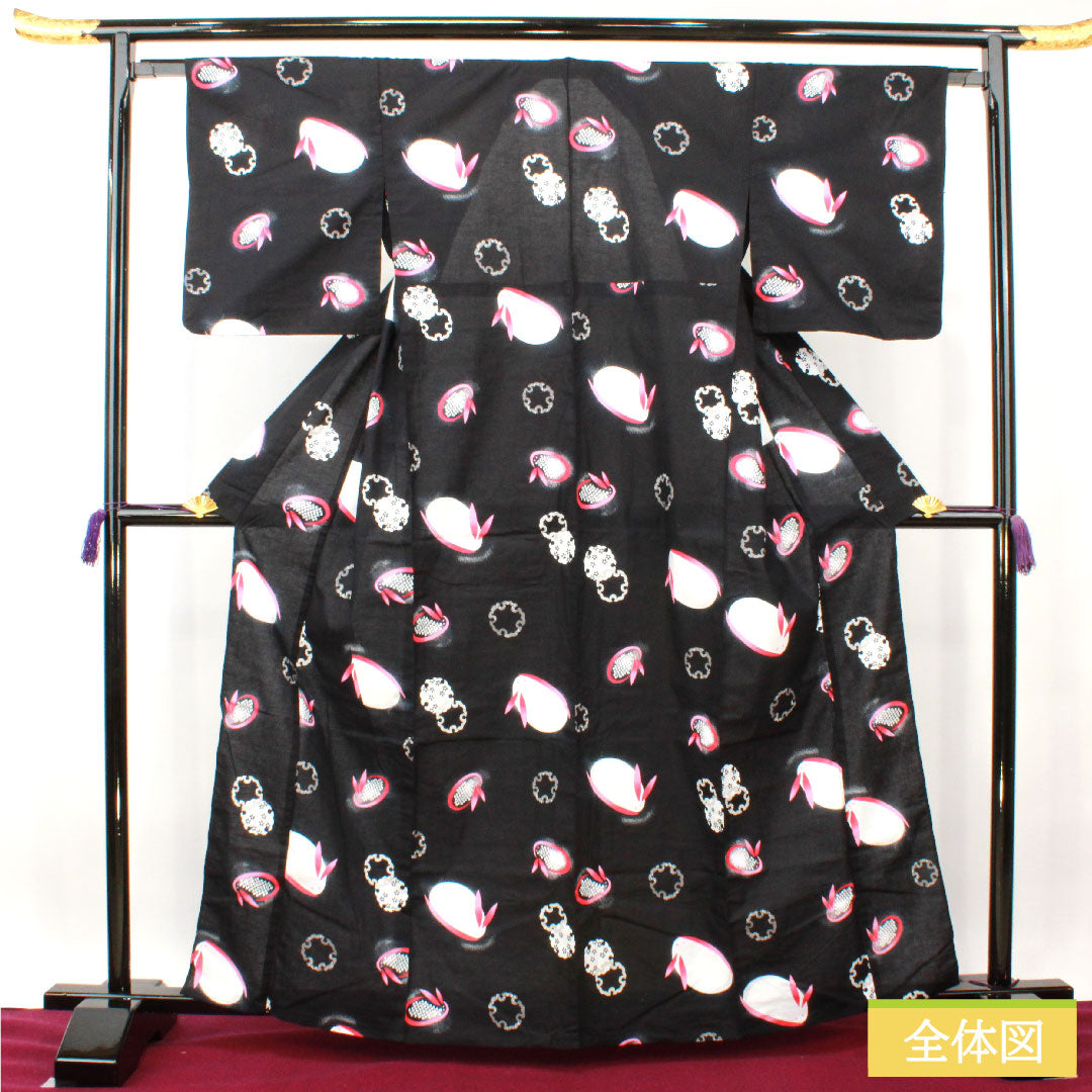 浴衣 木綿 身丈164.5cm 裄丈64cm Sランク 単衣 黒系 雪うさぎ 雪輪 1118005052410