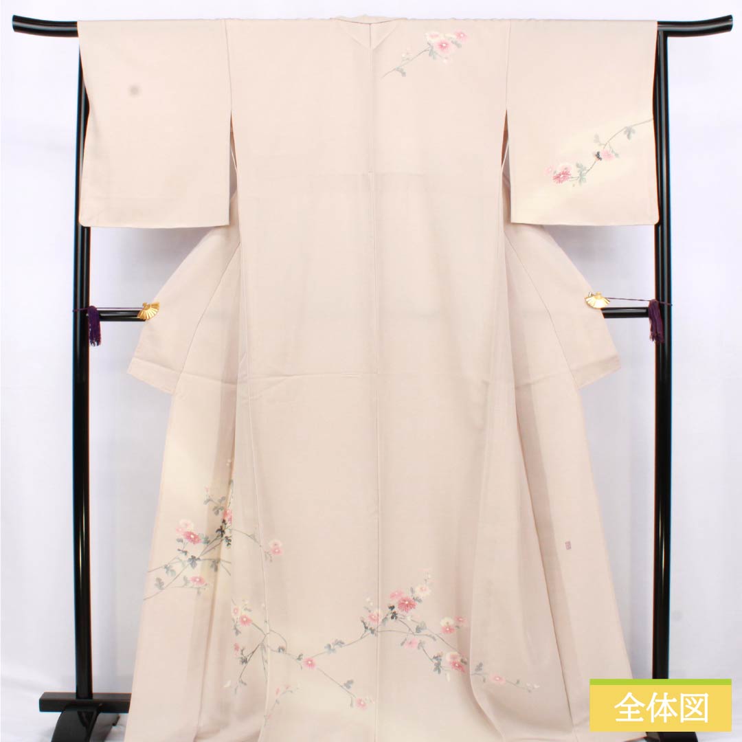 訪問着 正絹 Aランク 単衣 身丈167cm 裄丈68.5cm 翁茶色（おきなちゃいろ） 京友禅 鳥 菊花 ピンク系 1112006103513
