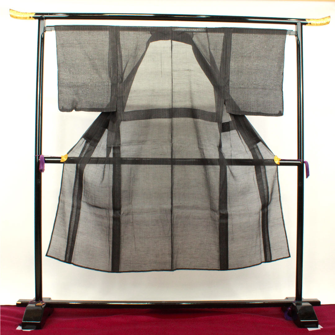 夏物 正絹 男物 身丈140.5cm 裄丈64.5cm 黒鼠色（くろねずいろ） 縞 紗 Aランク 黒系 1132001793110