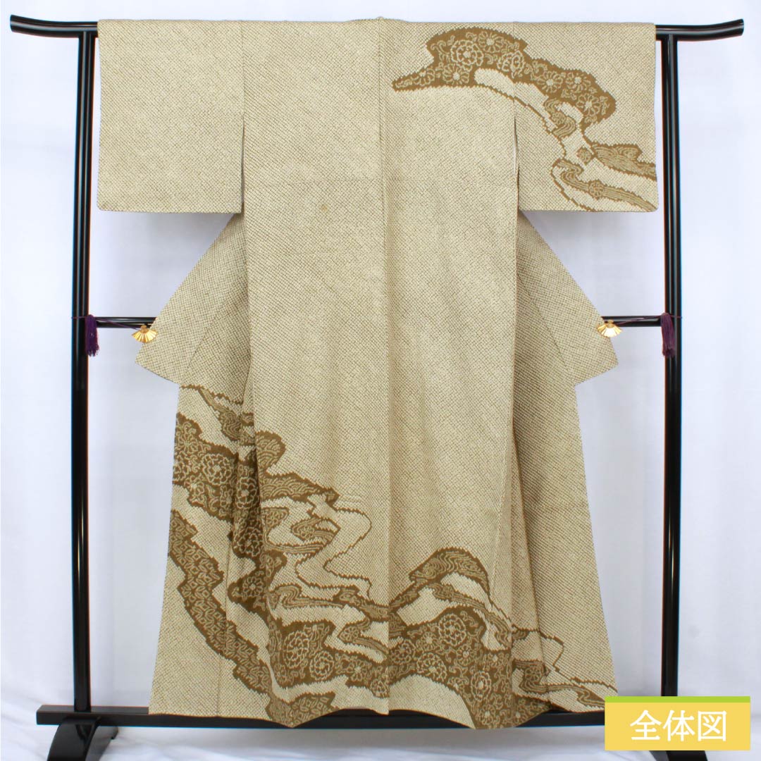 訪問着 正絹 Aランク 袷 身丈153cm 裄丈62.5cm 千歳茶色（せんざいちゃいろ） 絞り 菊 流水 しつけ糸付き 緑系 1112006753219