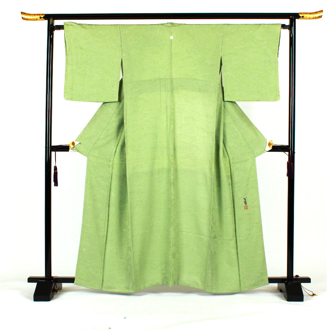 色無地 寿光織 時代人物風景模様 剣片喰  身丈164cm 裄丈66cm 袷  正絹 Sランク 緑系 1114000292319