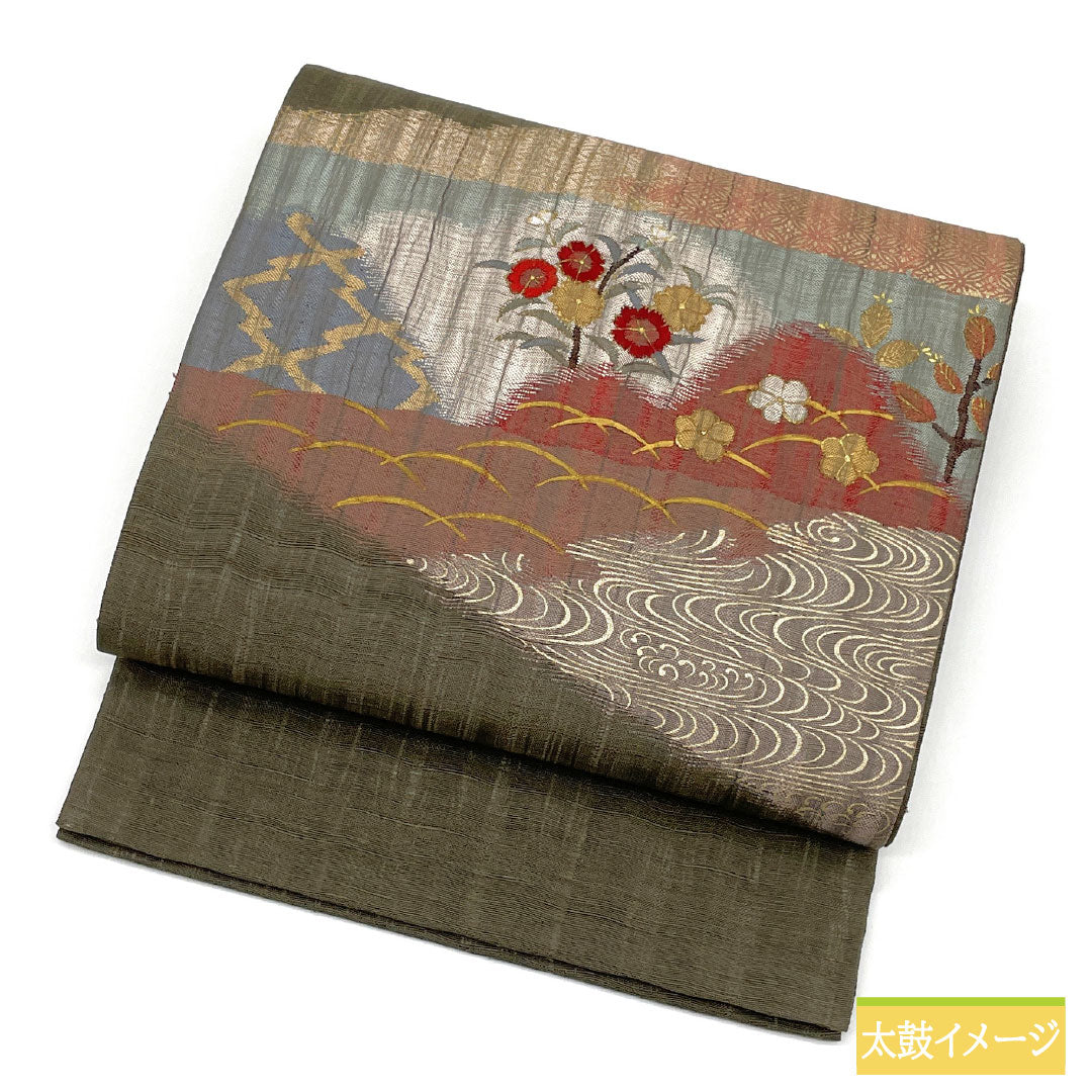 Fukuro Obi (Sash), Pure Silk, S-Rank, Nishijin-ori, Sukui-ori, Tsumugi Fabric, Shippo (Shippo) Design, Classic Pattern, 450cm Long, Pointed Pattern, Semi-Formal, Green, Item Number: 1123016252419