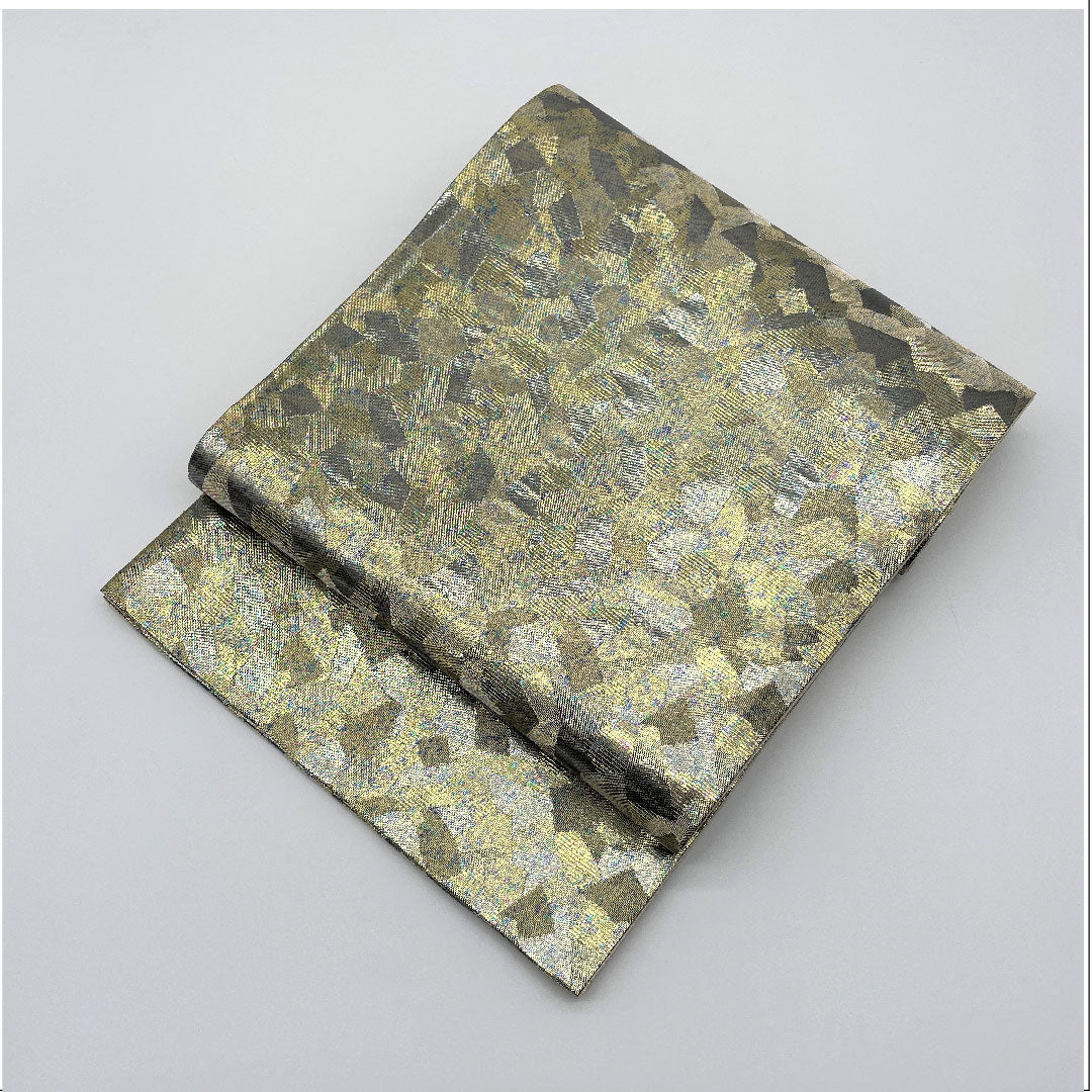 袋帯 金色 幾何学模様 帯丈434cm 正絹 Sランク 六通 フォーマル 金系 1123005242321