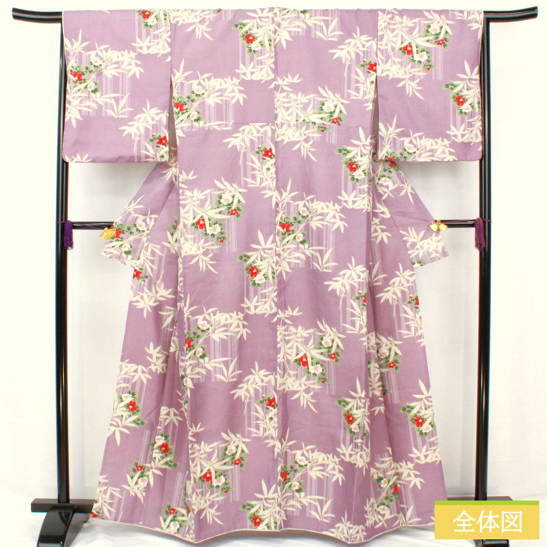 小紋 ポリエステル 身丈162cm 裄丈66cm 袷 浅紫色（あさきむらさきいろ） 洗える着物 草花模様 Sランク 紫系 1115004822420