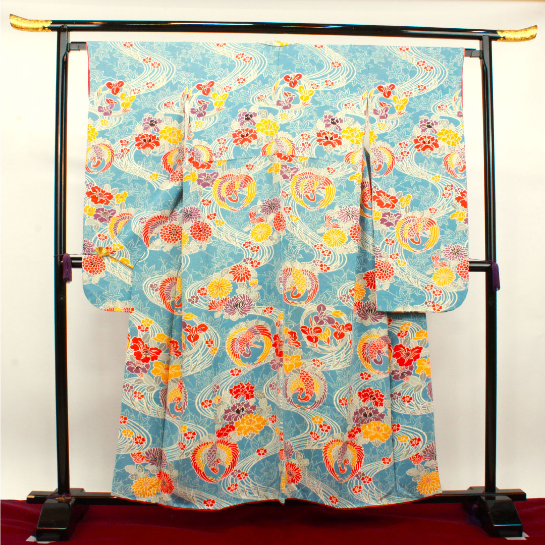 振袖 身丈156.5cm 裄丈64cm 袷  天青色 京紅型 吉祥文様  正絹 Aランク 青系 1113001653317