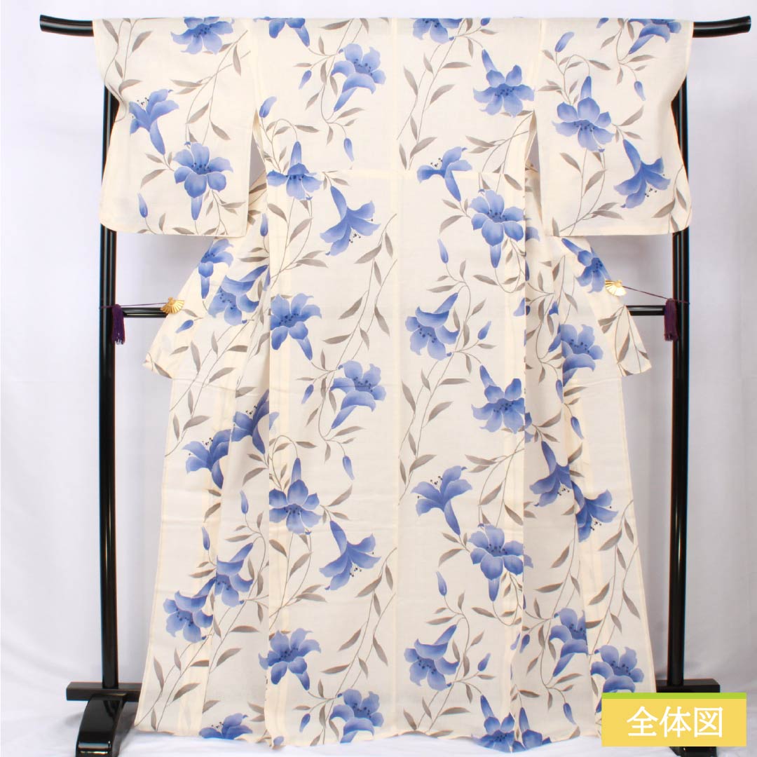 浴衣 木綿 身丈167.5cm 裄丈70cm Aランク 単衣 クリーム系 薄肉色（うすにくいろ） 百合 1118006223515