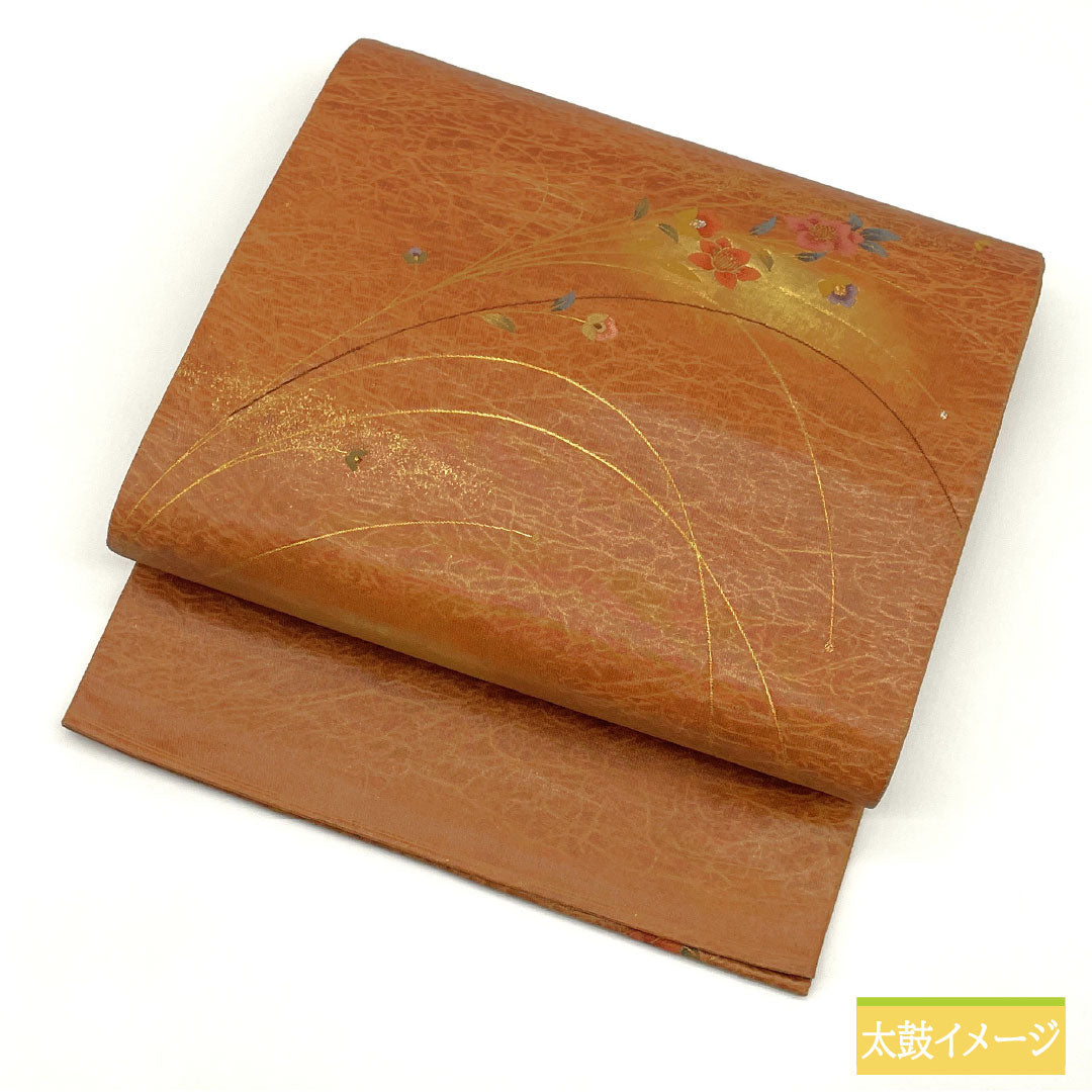 袋帯 正絹 Sランク 団十郎茶色（だんじゅうろうちゃいろ） 引箔 草花模様 帯丈442cm ポイント柄 セミフォーマル 茶系 1123016192314