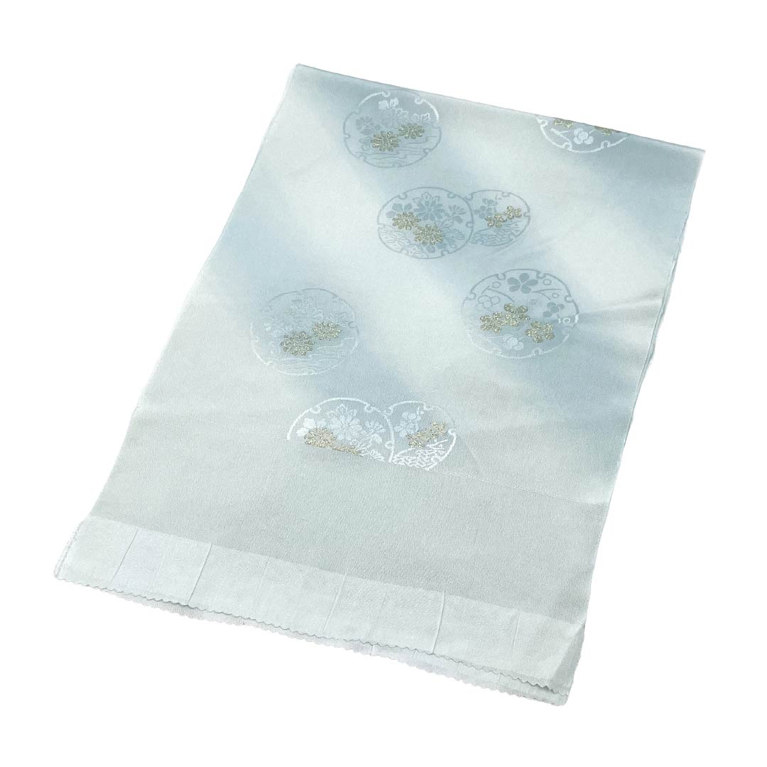 帯揚げ 正絹 Sランク セミフォーマル 青白磁色（せいはくじいろ） ぼかし 雪輪 花 長さ約180cm 幅約30cm 水色系 1136004812924