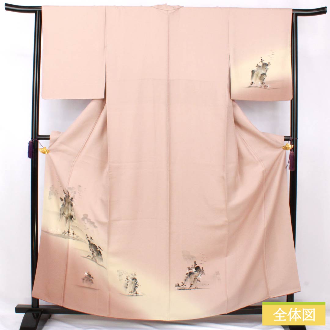 Visiting Kimono, Pure Silk, Grade A, Lined, Length 160cm, Sleeve Length 64cm, Faded Red (Arasomeiro), Hand-painted Landscape Painting, Pink, Product Number: 1112007153413