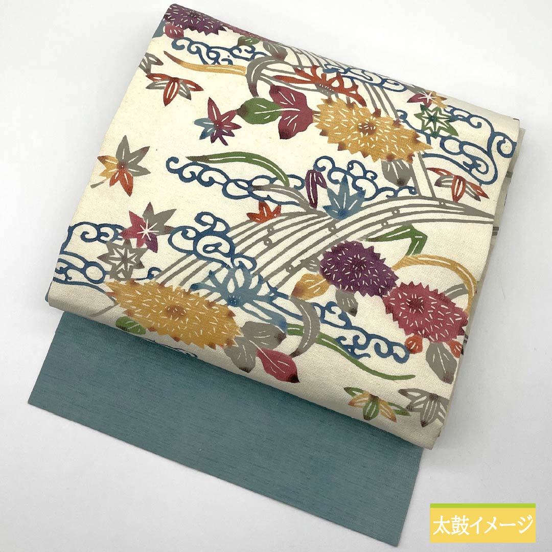 名古屋帯 生成り色（きなりいろ） 京紅型 抽象花 紅葉 帯丈350cm 正絹 Bランク 六通 カジュアル クリーム系 1124006954315 名古屋仕立て