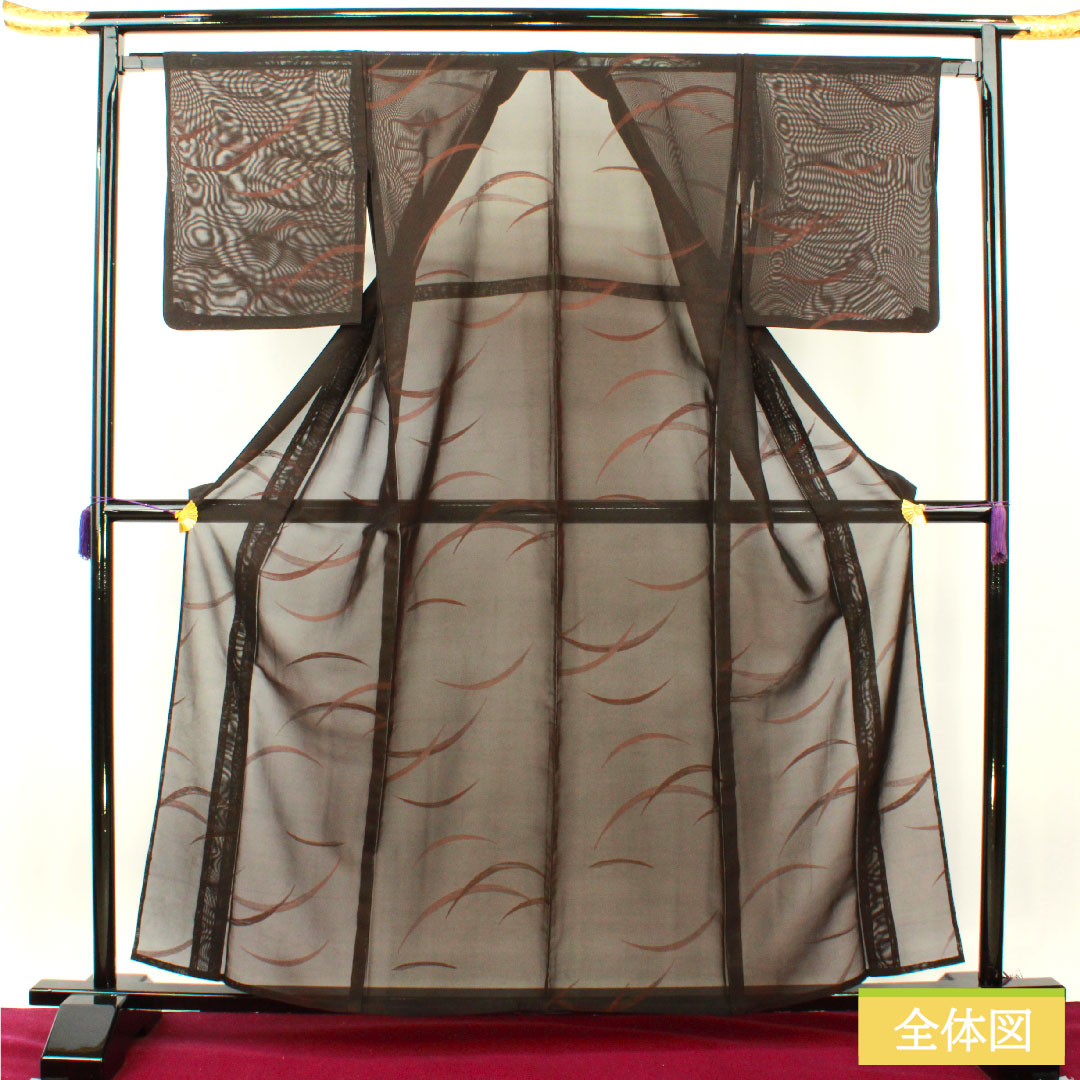 Summer pure silk komon length 161cm sleeve length 65.5cm reddish black (akaguroiro) monsha (monsha), tsuyukusa (dayflower) gauze, S rank, brown 1132001892414