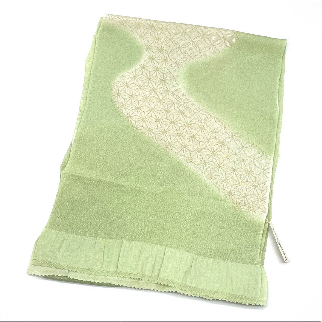 帯揚げ 正絹 Sランク セミフォーマル 薄柳色（うすやなぎいろ） 麻の葉 七宝 ちりめん 長さ約176cm 幅約28cm 緑系 1136004372919