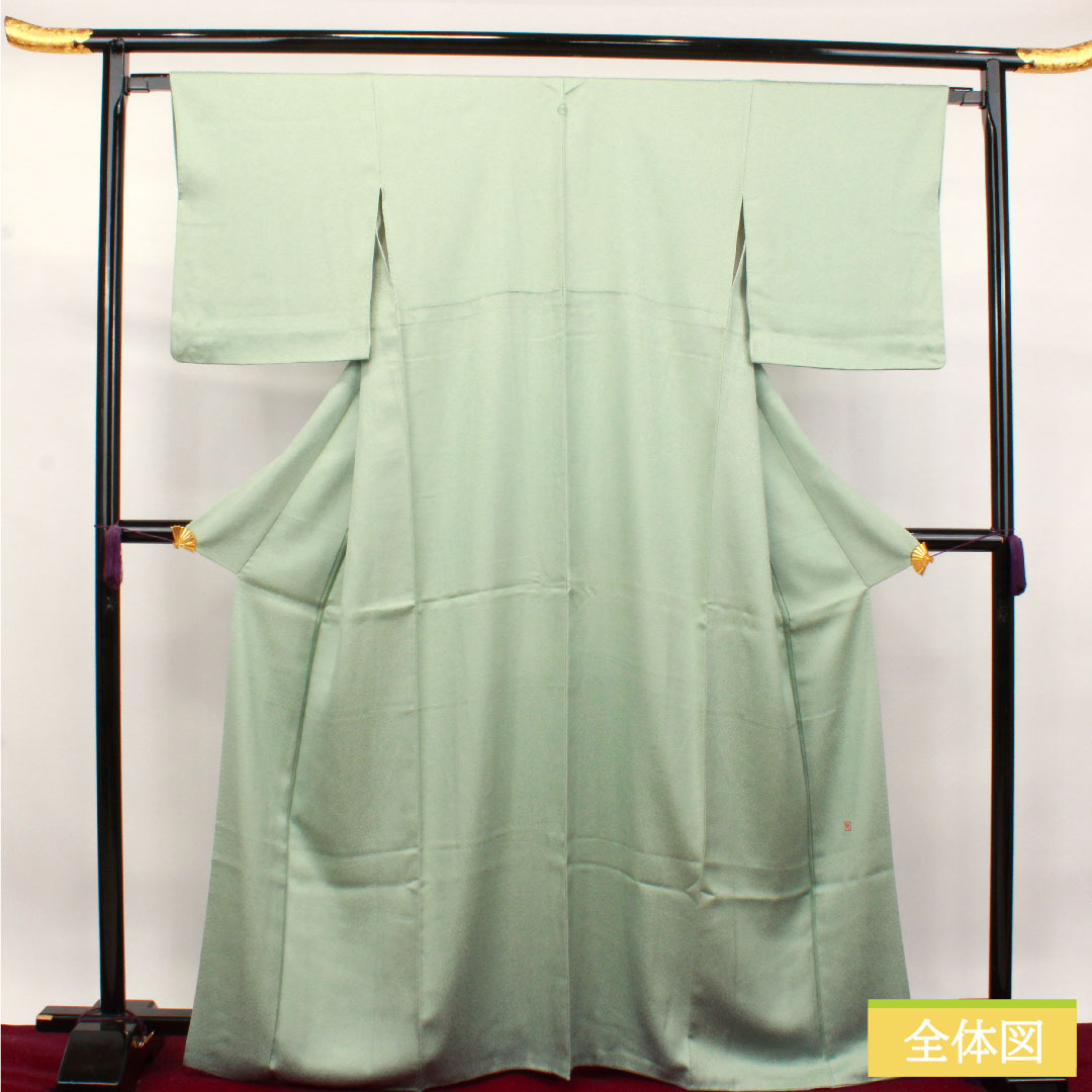 Plain color, pure silk, length 166.5cm, sleeve length 65.5cm, white-green, one pull within a snowflake, by Tatsuo Hyakukan, Kaga Yuzen artist, lined, S rank, green, 1114001142519