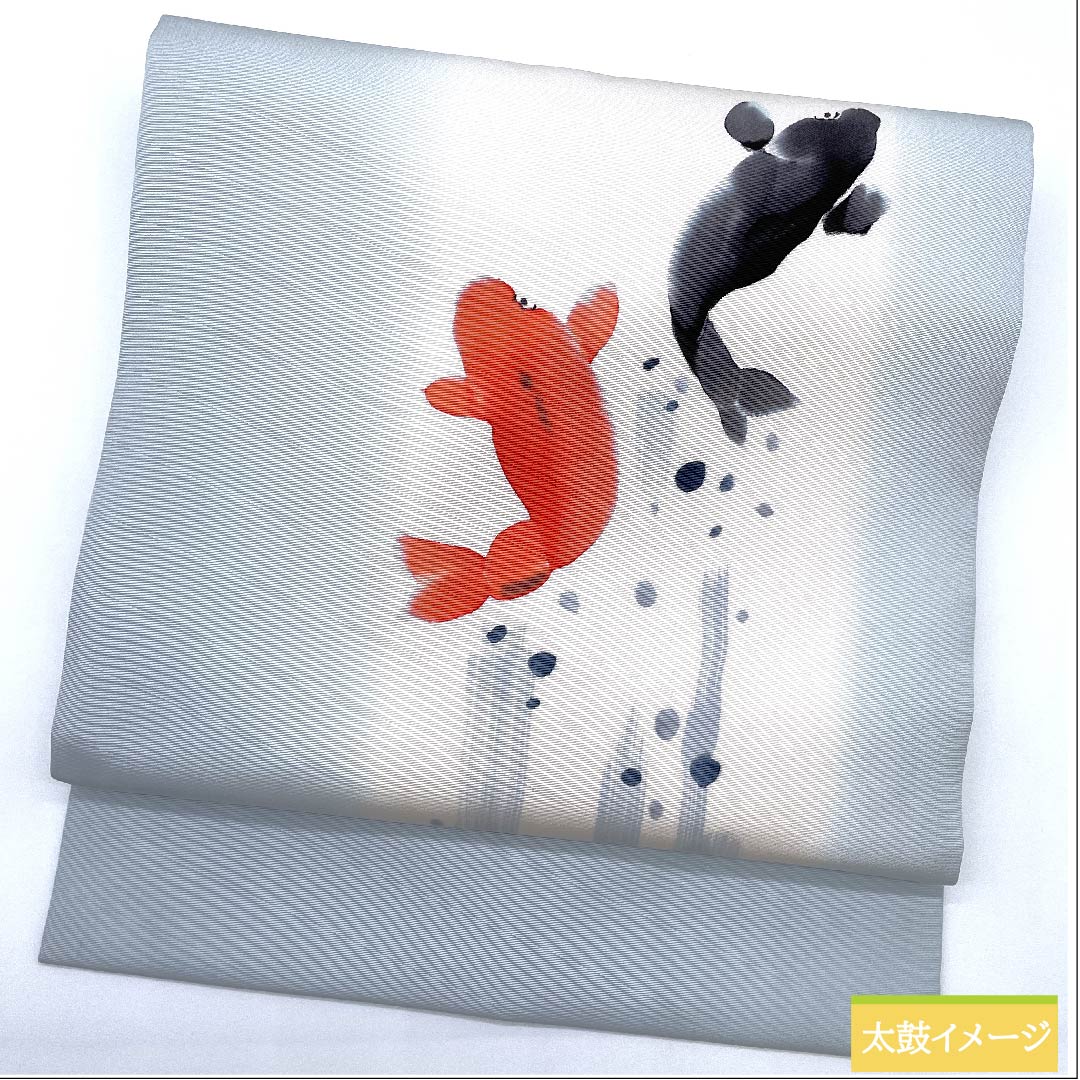 名古屋帯 白藍色 塩瀬 鯉 滝登り 帯丈383cm 正絹 Aランク ポイント柄 カジュアル 水色系 1124005613324  名古屋仕立て