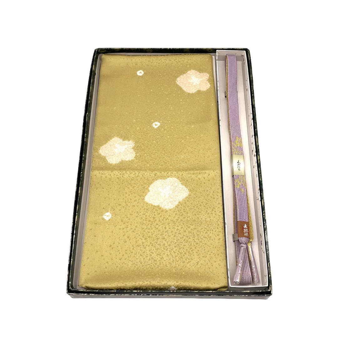 （新古品） 帯締め・帯揚げセット 正絹 NEWランク 浅青朽葉色（うすあおくちばいろ） 梅 古典柄 長さ約165cm 幅約1.6cm セミフォーマル 紫系 1141000611320