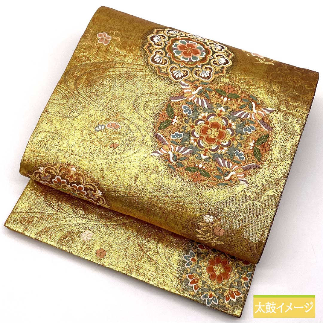 Formal, pure silk obi for formal kimono, featuring a hosohana (flower) design, phoenix motif, and flowing water. Length: 430cm. S-rank. Six-fold hem. Gold accents. Product number: 1123014582321.