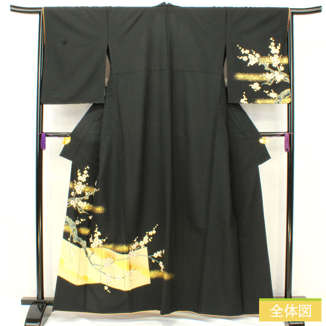 訪問着 ポリエステル 胴抜き 身丈160cm 裄丈64.5cm 洗える着物 梅 重ね衿付き Aランク 黒系 1112005653410
