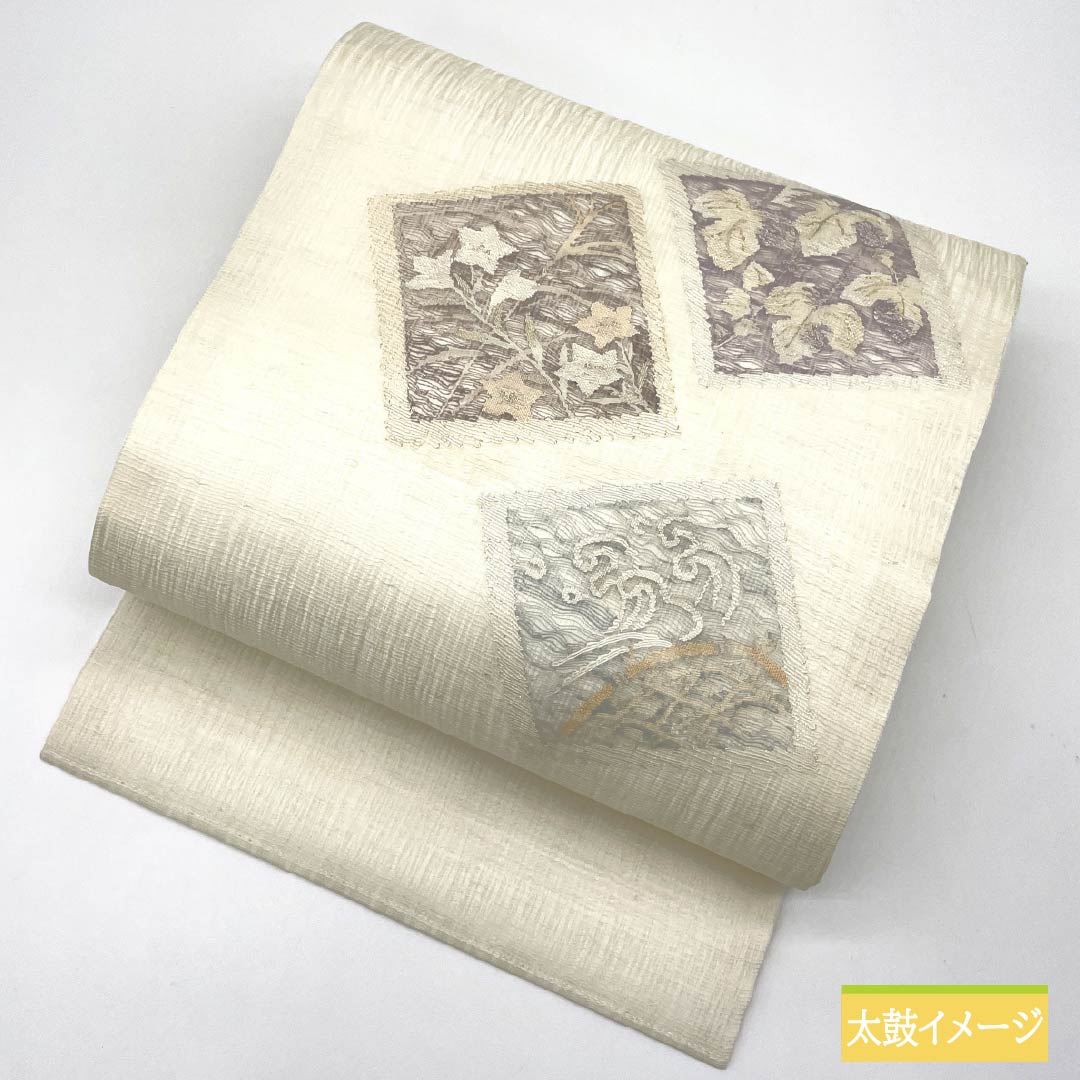 名古屋帯 正絹 胡粉色（ごふんいろ） すくい織 色紙 桔梗 夏帯 帯丈369cm Sランク ポイント柄 セミフォーマル 白系 1124006812311 名古屋仕立て