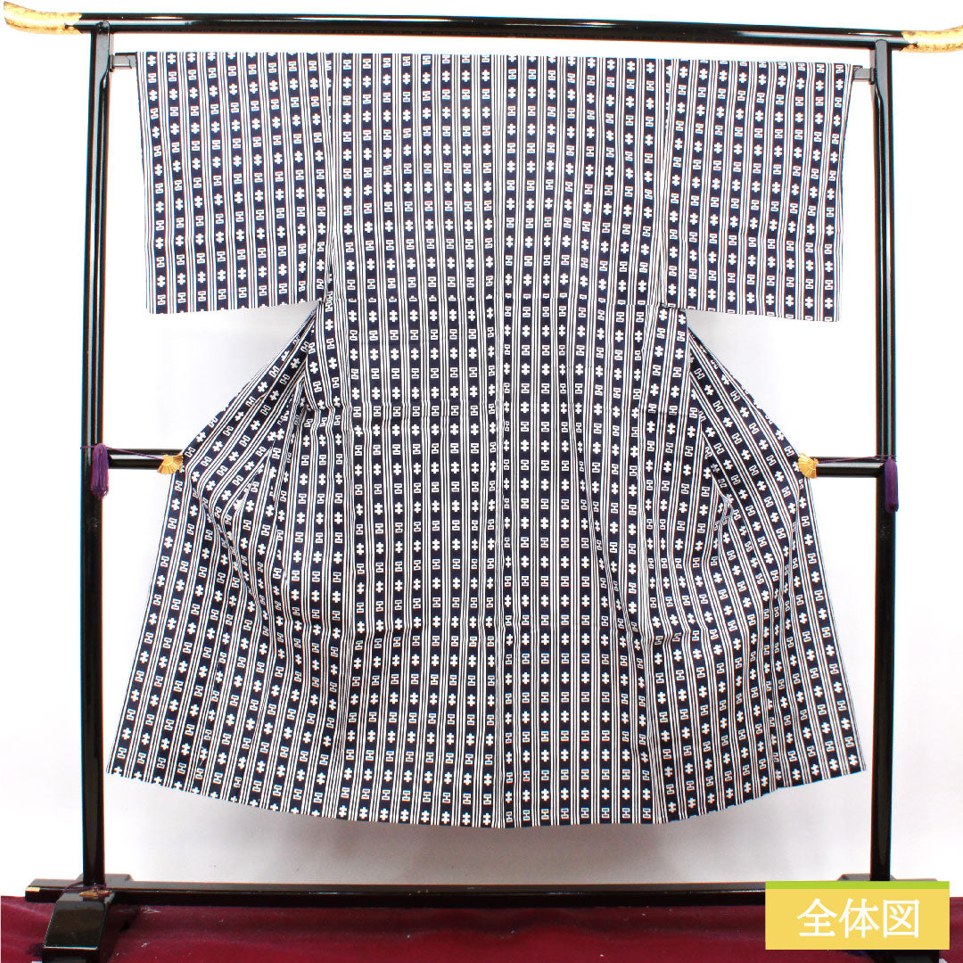 浴衣 木綿 身丈144.5cm 裄丈67cm Sランク 単衣 紺系 濃紺色（のうこんいろ） 男物 幾何学模様 1118004932418