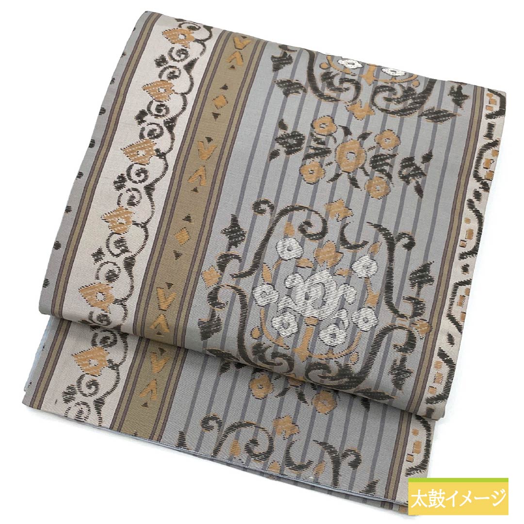 名古屋帯 錫色（すずいろ） エスニック調 京袋帯 帯丈360cm 正絹 Sランク 六通 カジュアル グレー系 1124006612322 開き仕立て
