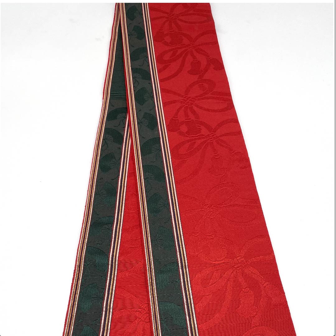 半幅帯 正絹 帯丈342cm 紅赤色（べにあかいろ） 扇面 束ね紐 博多織 赤系 Sランク 1125001382312