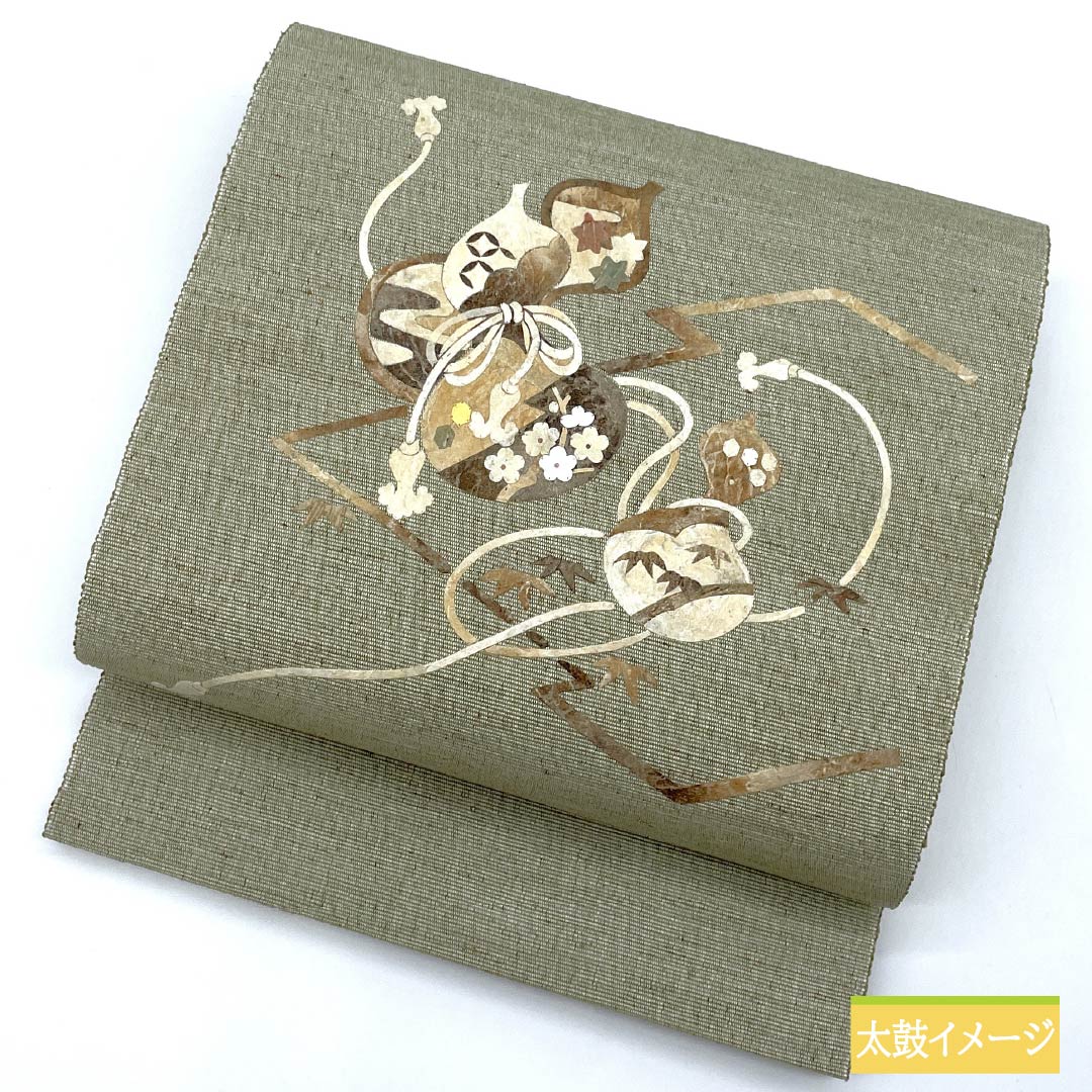 名古屋帯 灰緑色（はいみどりいろ） 作家物 みのむし ぜんまい 帯丈385cm 正絹 Sランク ポイント柄 カジュアル 緑系 1124007062419 松葉仕立て